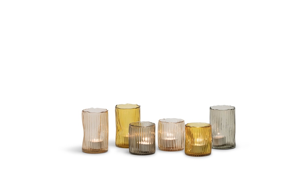 T-Light holder organic ribbed amber - glass - Ø 8,5x8cm - 6/24