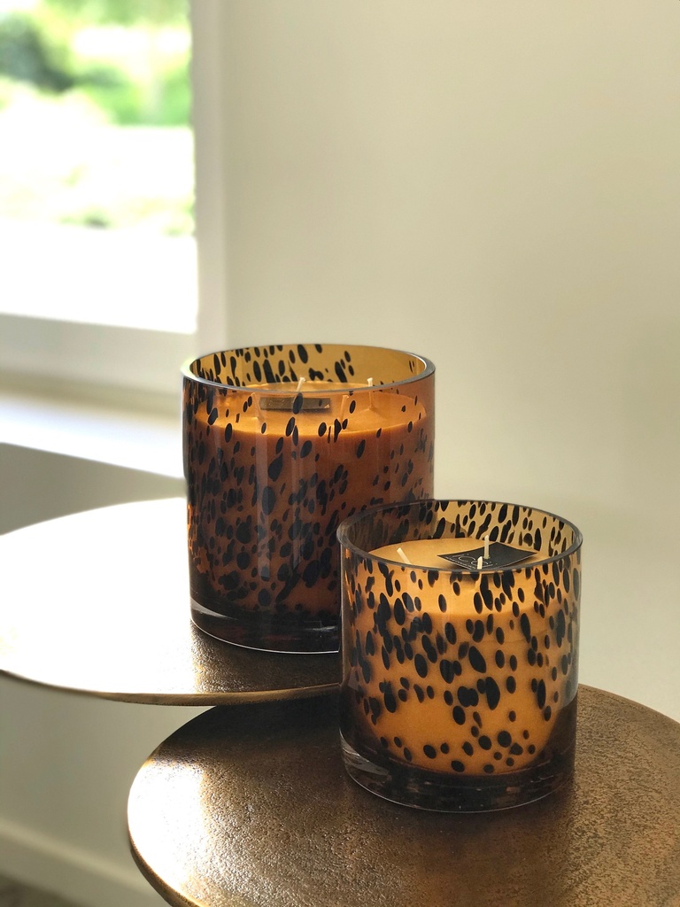 Scented candle cylindrical spotted leopard glass votive  - Ø 12 x 12cm - 3 - int. cot. - p/4