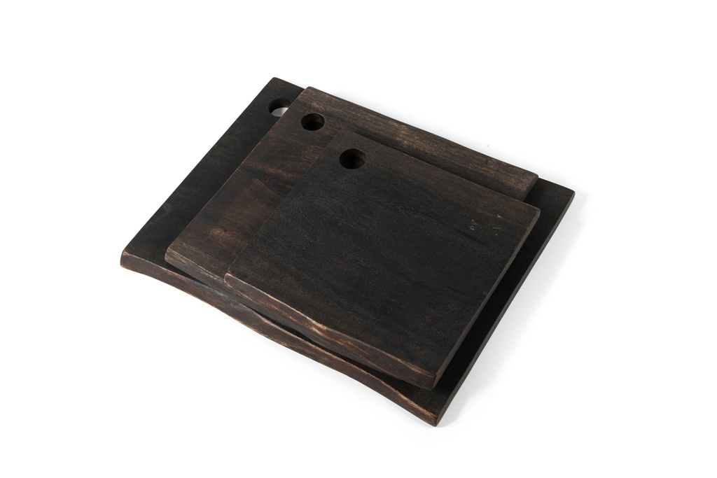 Wooden live edge square plate blacked set of 3 - 25 x 25 x 1.5 / 30 x 30 x 1.5 / 40 x 32 x 1.5cm - p 1/4