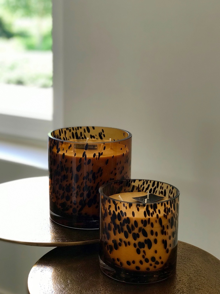 Scented candle cylindrical spotted leopard glass votive  - Ø 15 x 15cm - 4 - int. cot. - p/2