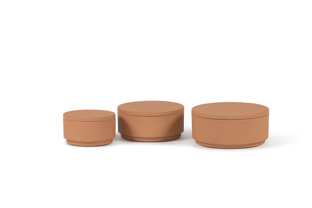 Metal Box with cover texture terracotta - Set of 3 - Ø 16x15 cm /Ø 20x19cm /Ø23x12cm - 1 - ext. cot. - p/1
