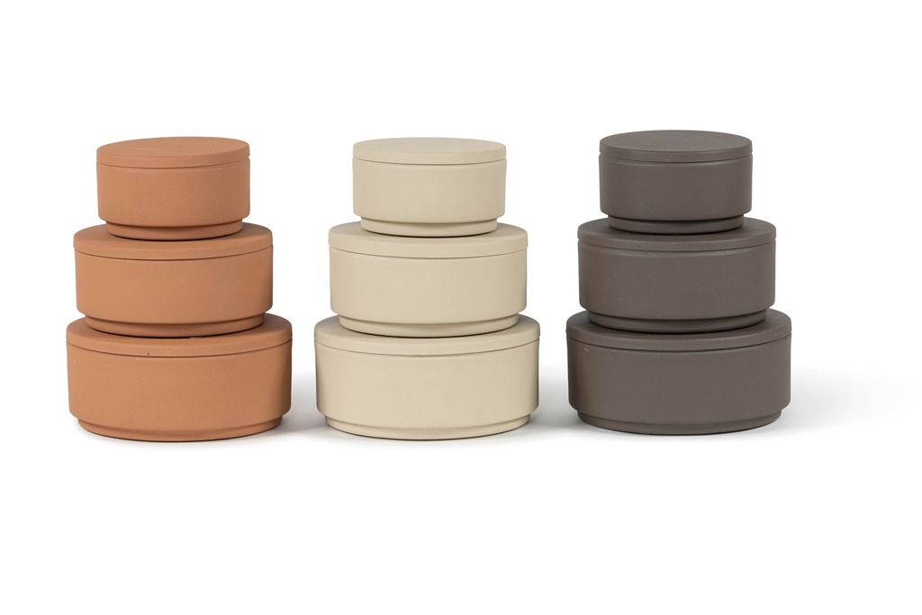 Metal Box with cover texture terracotta - Set of 3 - Ø 16x15 cm /Ø 20x19cm /Ø23x12cm - 1 - ext. cot. - p/1