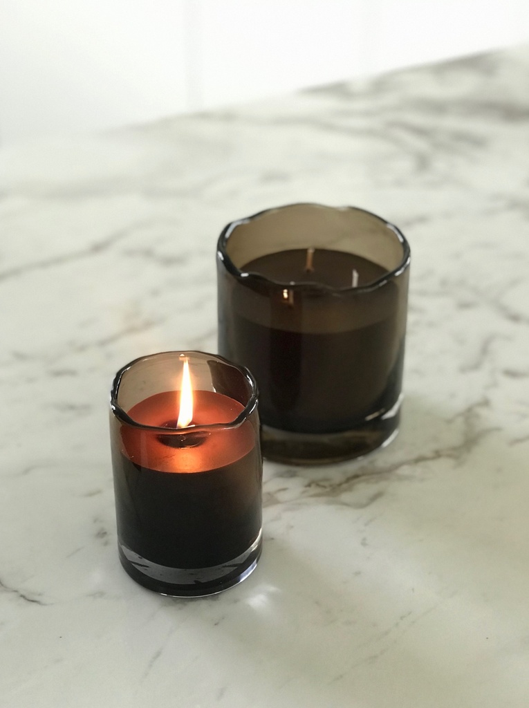 Scented candle black glass votive with organic rim - medium Ø 12 x 12cm - 3 - int. cot. - p/4