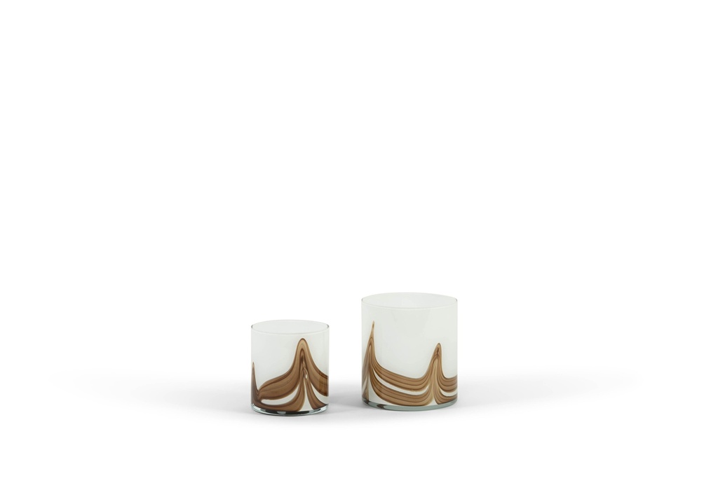 Thick votive cylinder Waves - glass - white brown - Ø 14x15cm - p/4