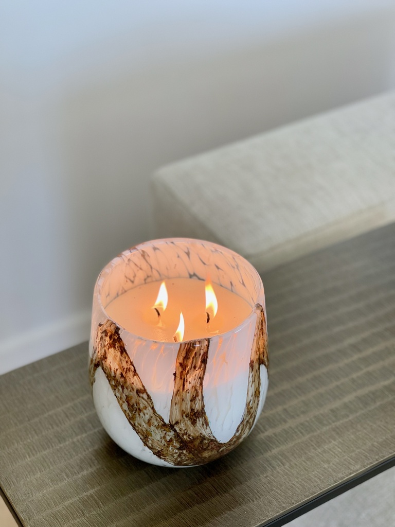 Amber brown glass vase with white spots and lava finish - Ø 15x14cm - 2 - int. cot. - p/2/1