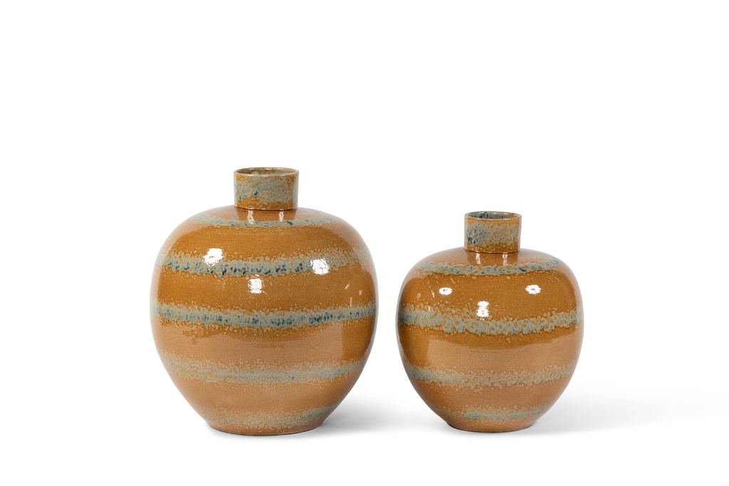 Bolvase reactif glazed ochre with green stripes large- terracotta - Ø 40x45cm - p/1