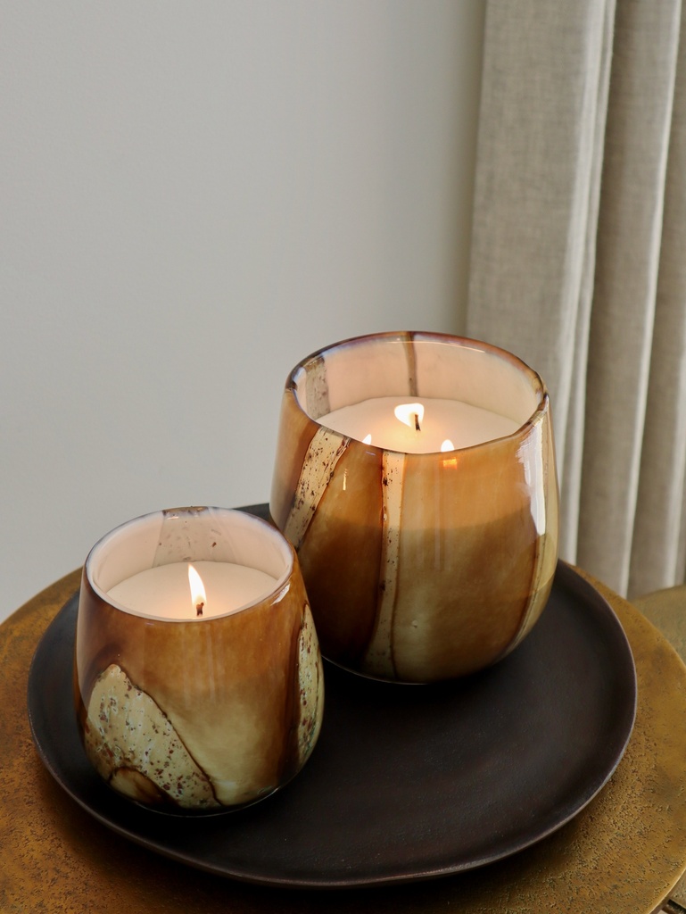 Scented candle thick ocher glass votive bowl with bark design - Ø 12x11cm - 1 - int. cot. - p/4