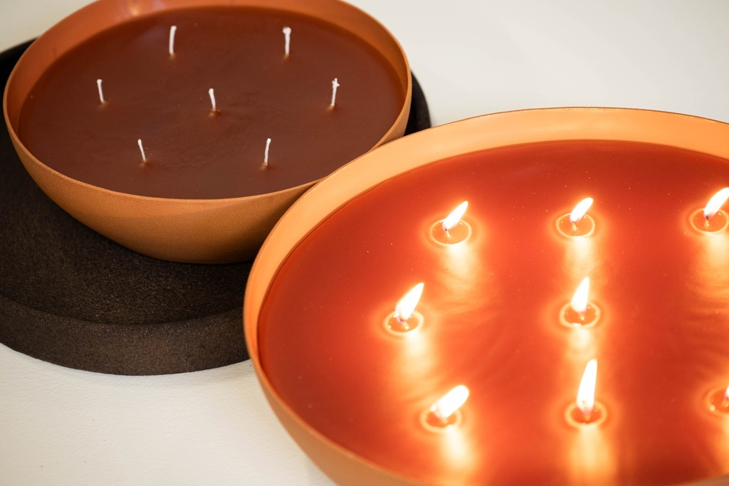 Multiwick indoor candle bowl organic mat outside/enamel inside orange large - 34.5 x 29 x 8.5 cm - 9 wicks - p 2
