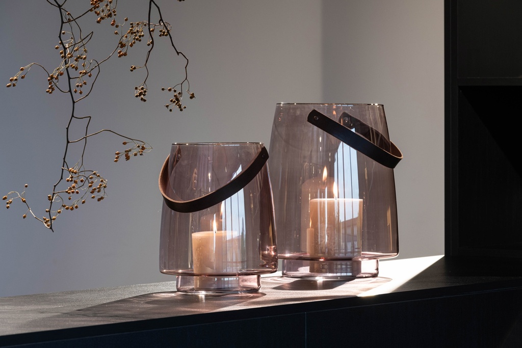 Hurricane with leather handle - glass - brown lila luster - Ø 28x35cm - p/1/1