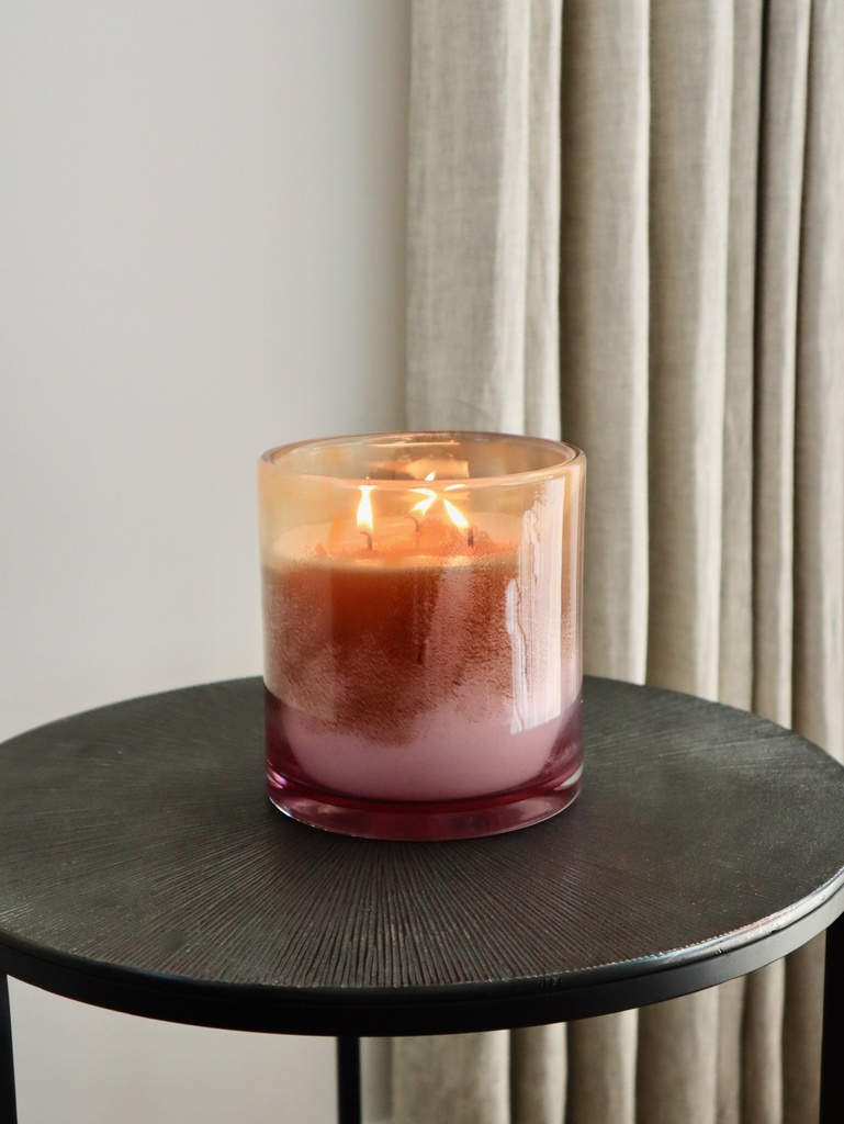 Thick votive cylinder with pink to orange design - Ø 11x12cm - 2 - int. cot. - p/4