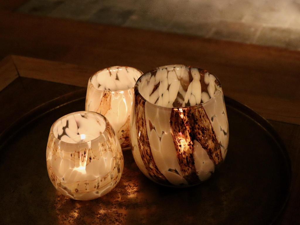 Thick spotted & lavafinish vase - glass - white & amberbrown - Ø 11,5x11cm - p/4/1
