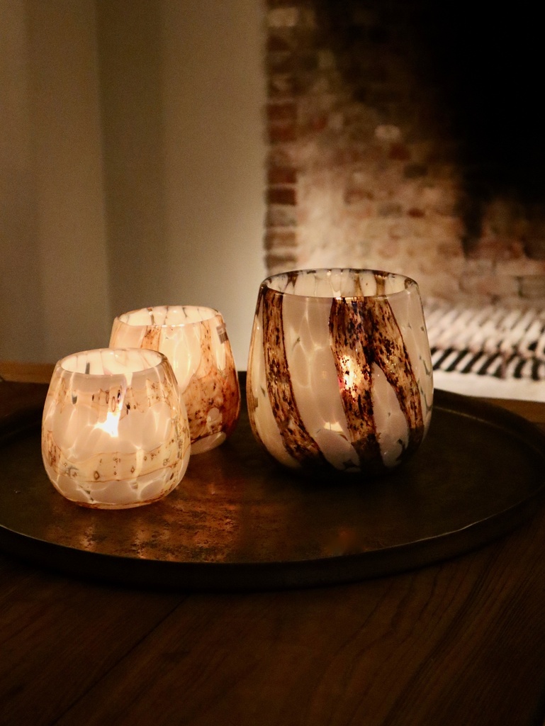 Thick spotted & lavafinish vase - glass - white & amberbrown - Ø 15x14cm - p/2/1