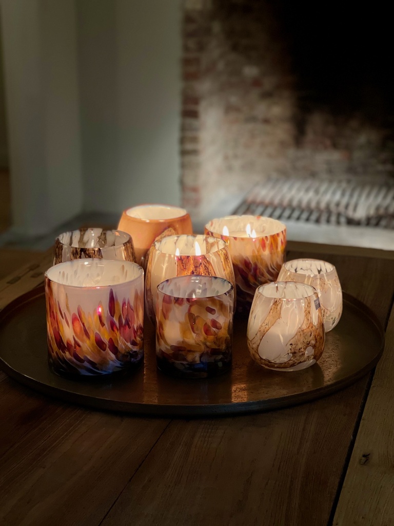 Thick votive cylinder with caramel design - glass - white & brown - Ø9 x 10cm - p/6