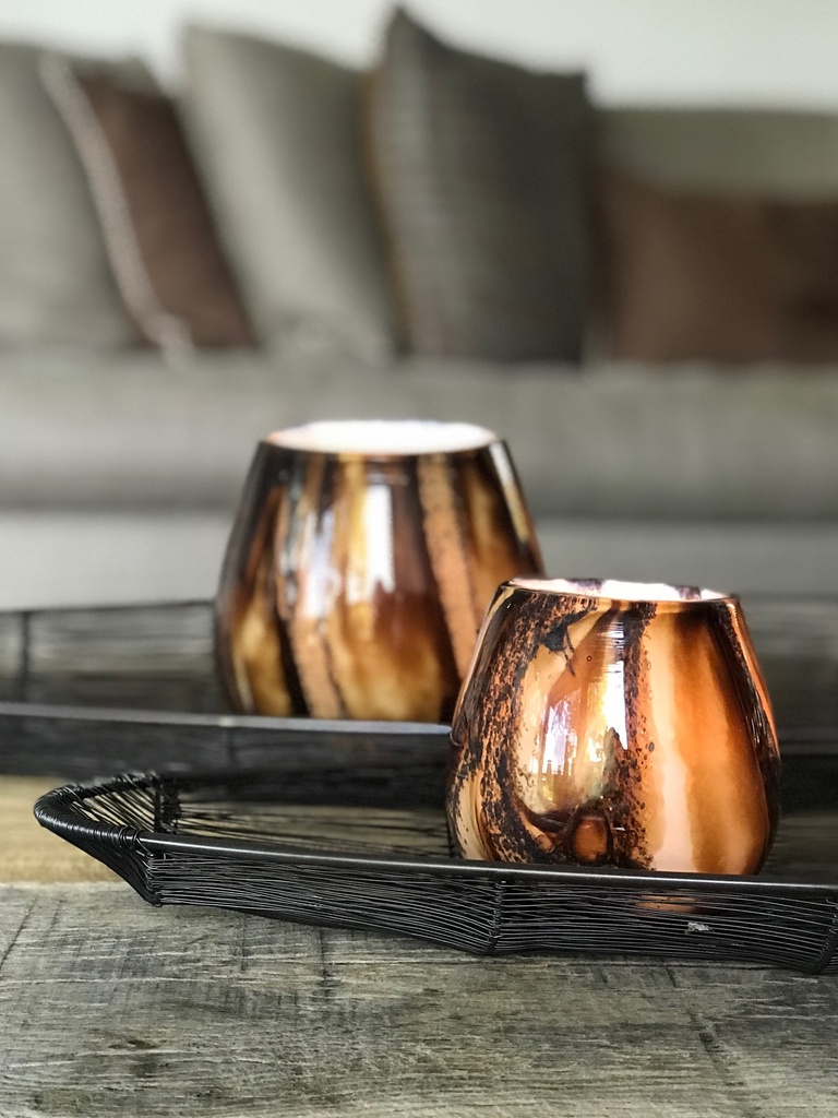 Thick votive bowl with bark design - glass - ocher - Ø12x11cm - p/4/1