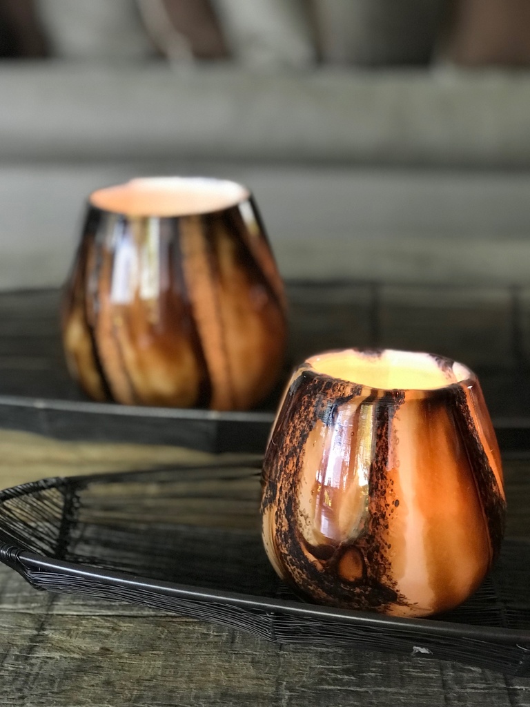 Thick votive bowl with bark design - glass - ocher - Ø 15x14cm - p/2/1