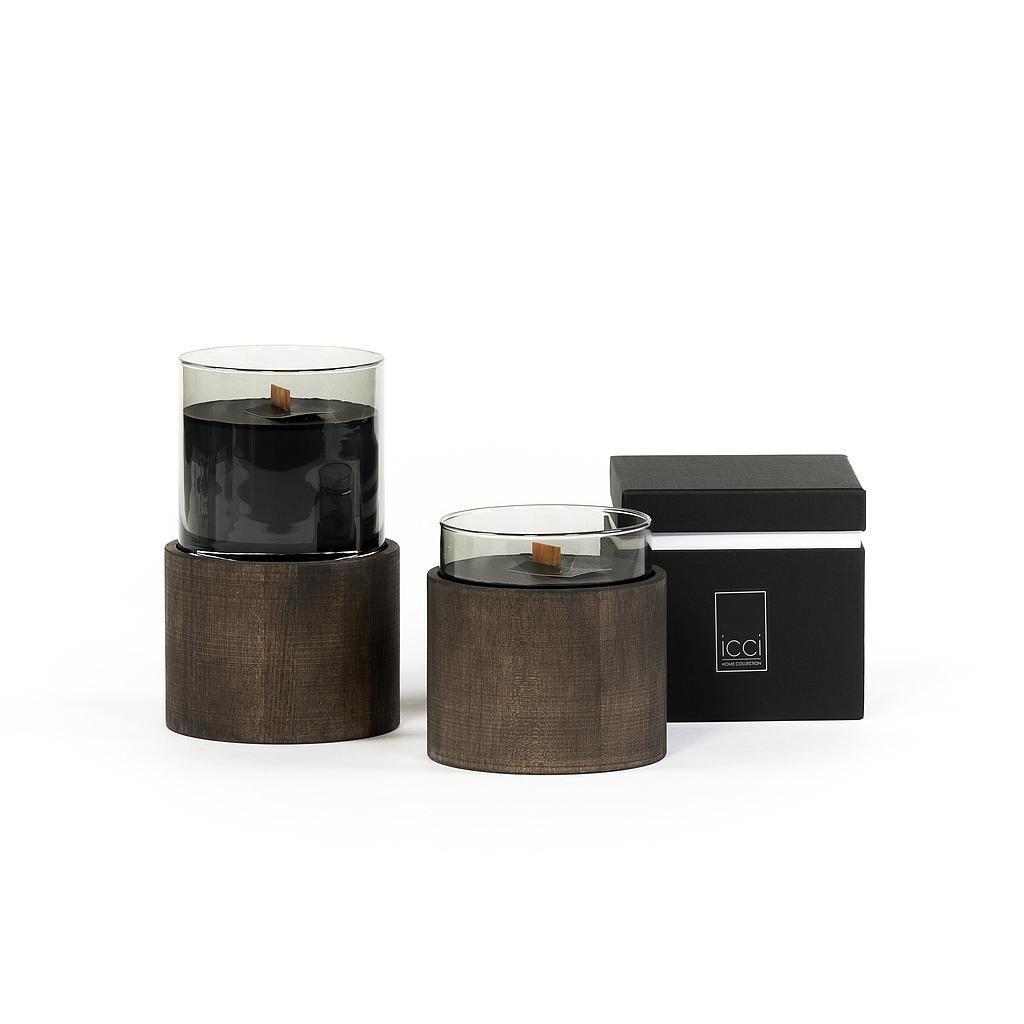 Smoke glass votive with dark wood cover/stand - Ø 10,5 x 10cm stand/Ø 12 x 9cm - 3 or 1 - int. cot. or wood - p/4