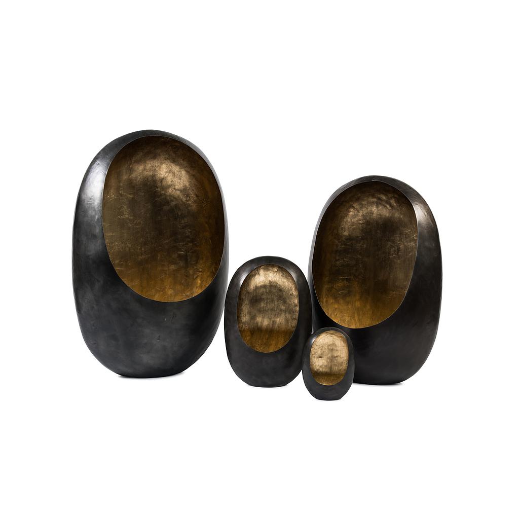 Standing egg Tlight holder - metal - antique zinc outside, antique gold leafing inside - small 15x9x21cm - p/4/12