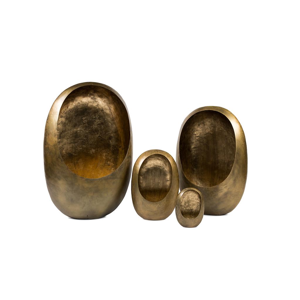 Standing egg candleholder - metal - antique brass outside, antique gold leafing inside - medium 25x15x38cm - p/2/4