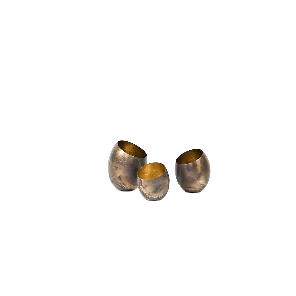 Tlight holder, set of 3 - metal - burnt silver + antique copper leafing - Ø9,5x11cm/Ø 12x15,5cm/Ø 10,5x13,5cm - p/1set