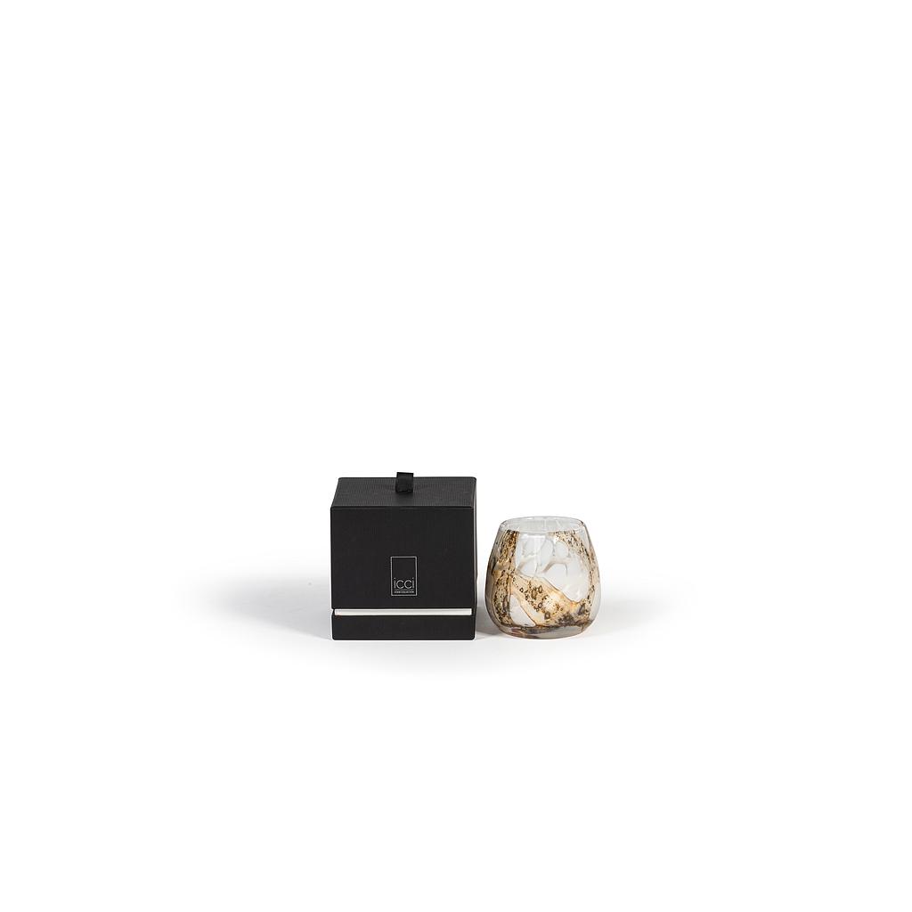 Scented candle thick vase white spots and amber brown with lava finish - Ø 11,5 x 11cm - 1 - int. cot. - p/4