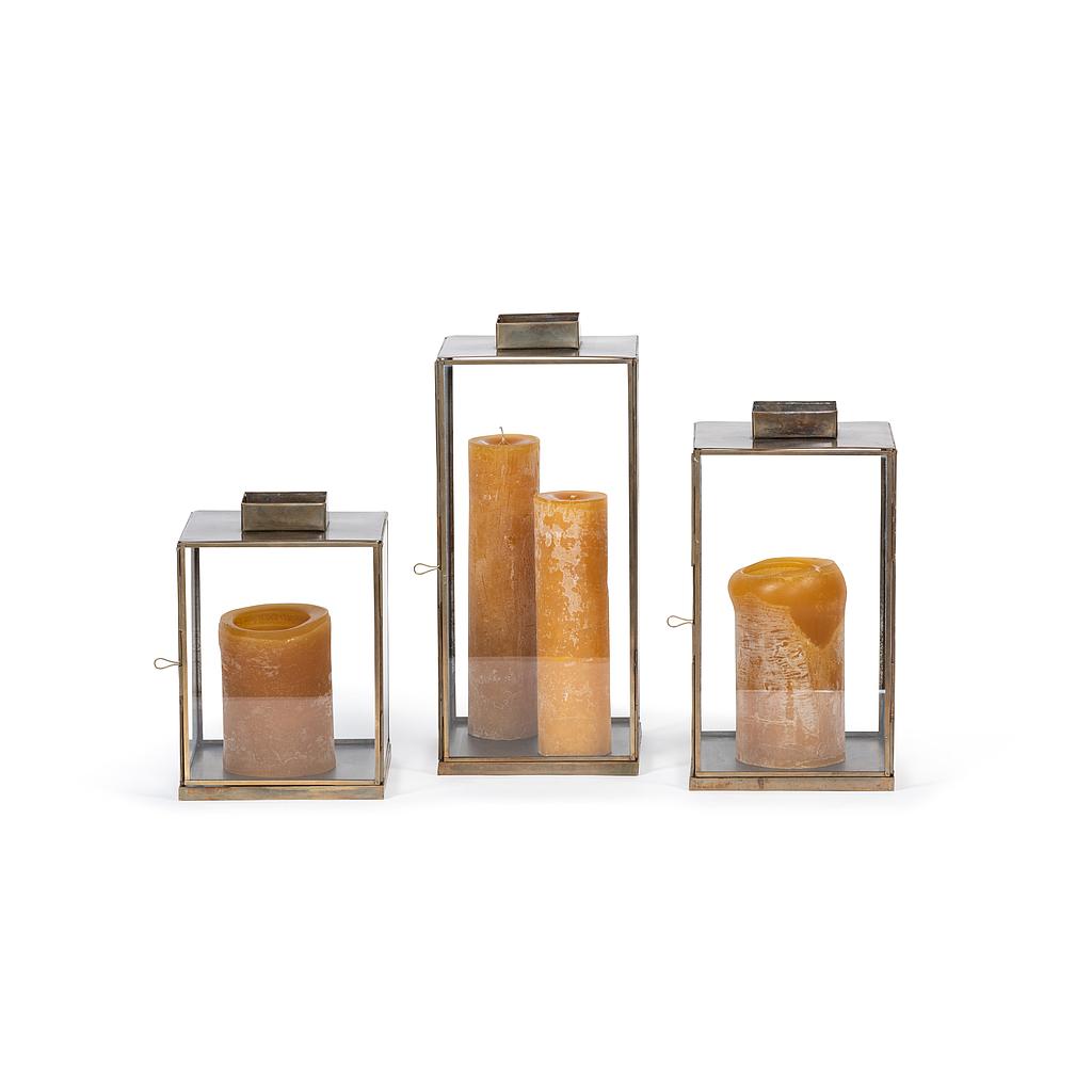 Squared aged lantern - metal + glass - antique brass + clear - medium 19x19x35cm -  p/1/4