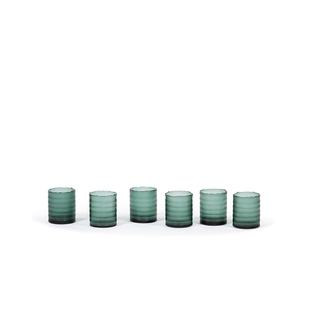 Tlight holder with cutting metled organic rim - glass - bluegreen - Ø 6,5x8,5cm - p/6/36