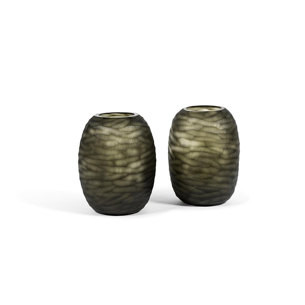 Dented organic vase with cutting - glass - green grey - Ø 24x32cm - p/1/12