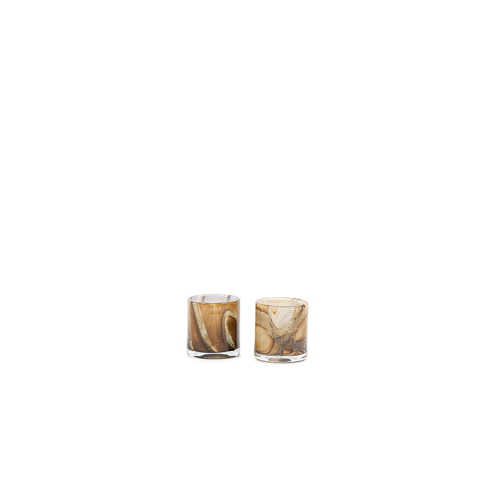 Thick votive cylinder with bark design - glass - ocher - Ø 9x10cm - p/6/1