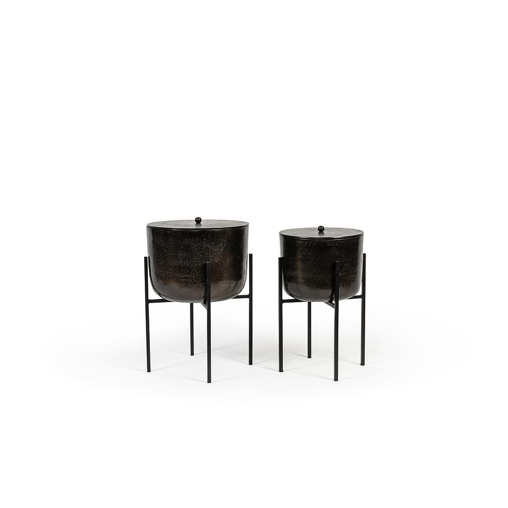 Pot with lid in black bronze antique on stand - big Ø 29 x 22 cm / h.42 cm - 1 - ext. cot. - p/1/1