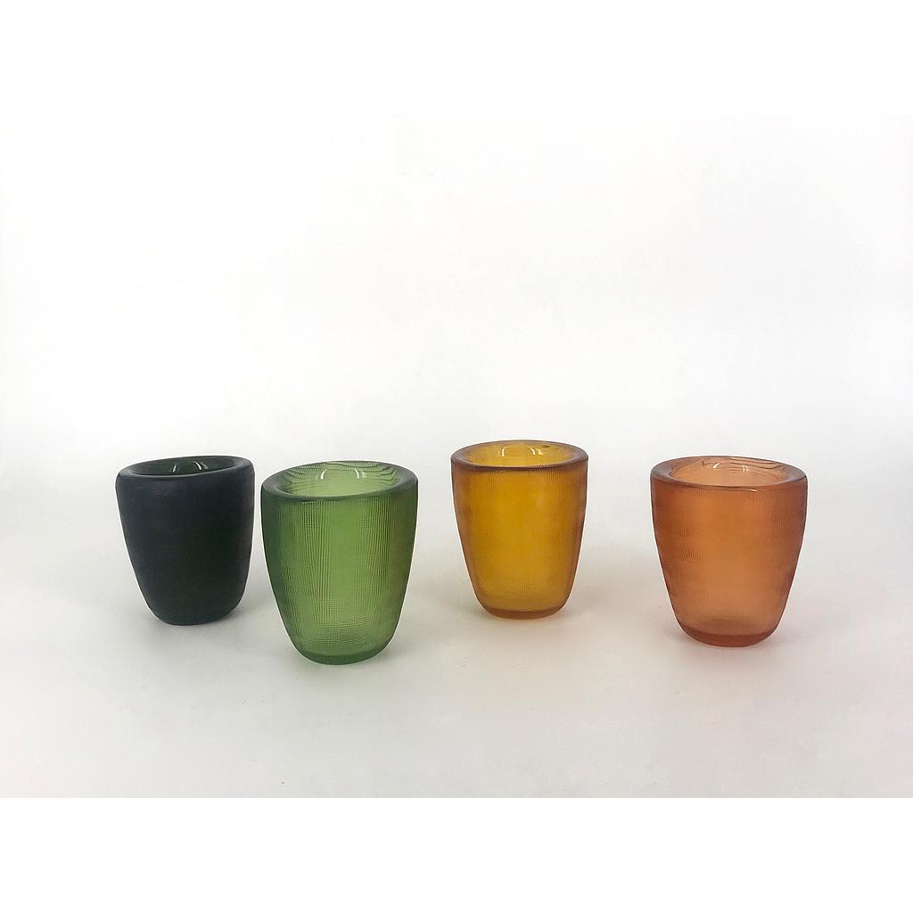 Cross cut Tlight holders, set of 4 - glass - copper or gold or green or steelgrey - Ø 7,5x9cm - p/4/32