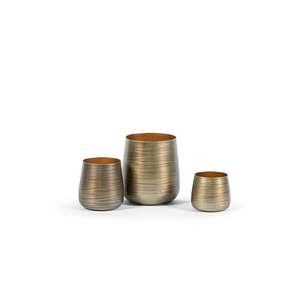 Striped Tlight holder set of 3 - metal - antique brass outside/gold inside - Ø 12x15,5cm/Ø 10,5x13,5cm/Ø 9,5x11cm - p/1/8
