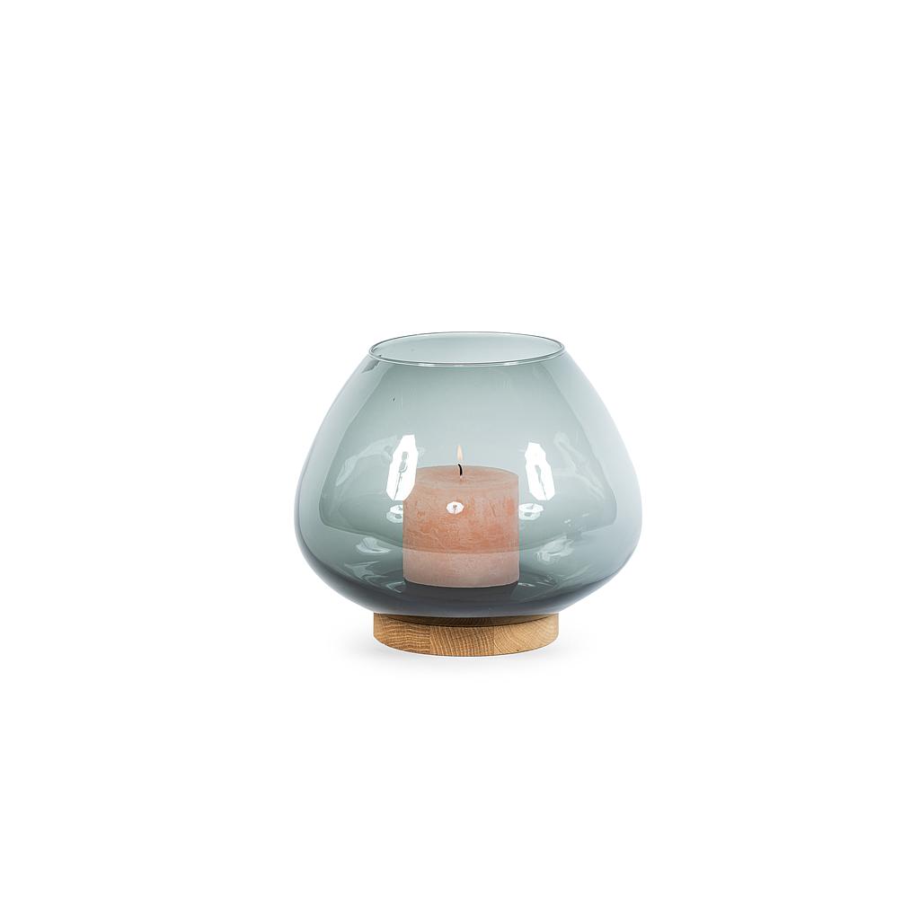 Hurricane with bottom - glass + wood - smoke + natural oak - Ø 30x27cm - p/1/1
