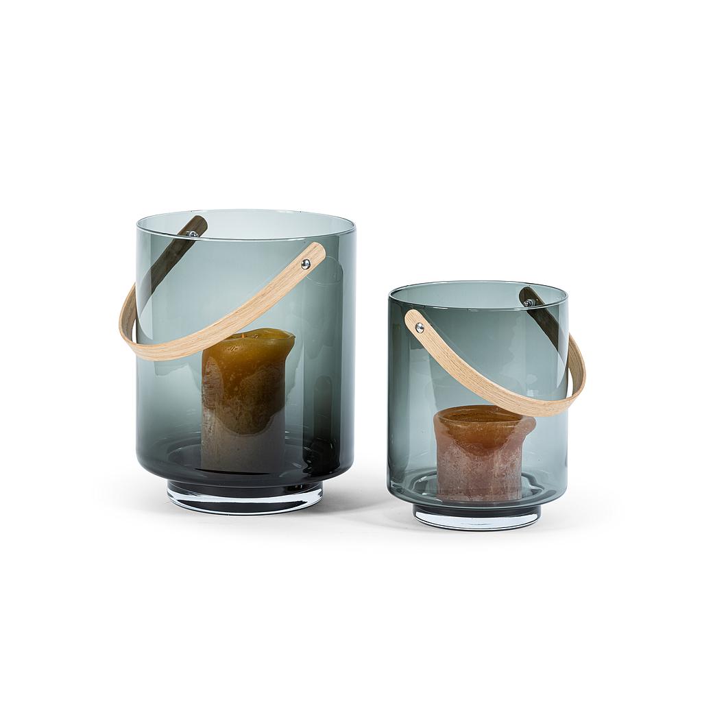 Hurricane with handle - glass + wood + smoke + natural oak - small Ø 22,5x28cm - p/1