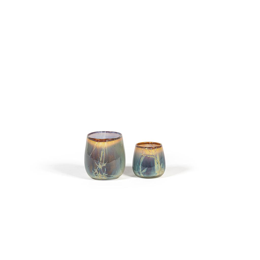 Thick votive bowl with jagged lines design - glass - green/brown - Ø12x11cm - p/4/1
