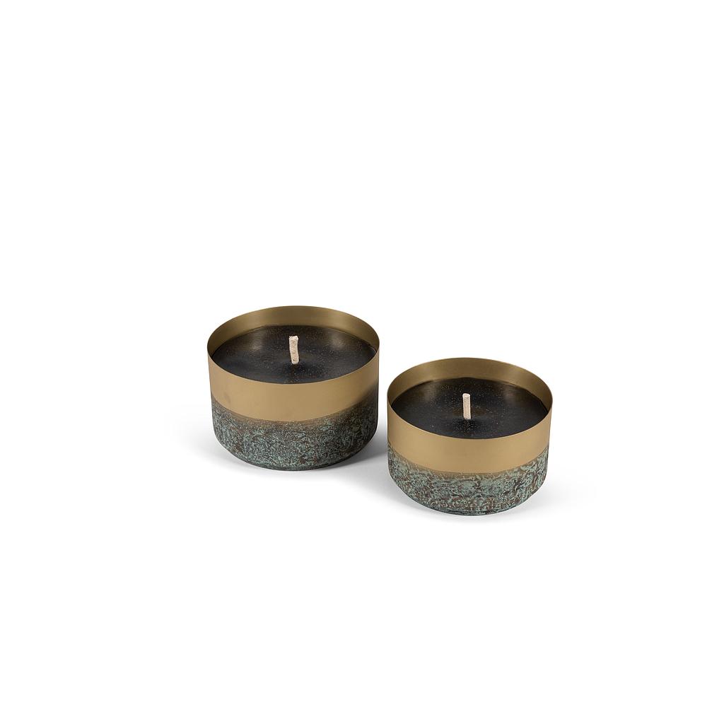 Set of 2 outdoor candles, gold with green patina base - Ø 20x12cm / Ø 18 x 10,5cm - 1/1 - ext. cot.- p /set