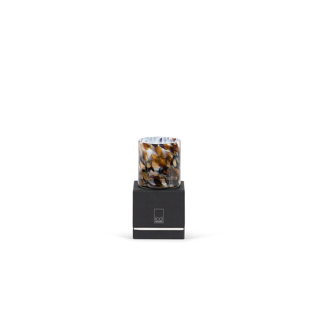 Thick votive cylinder w/ white caramel brown design - medium  Ø11 x 12cm - 2 - int. cot. - p/4