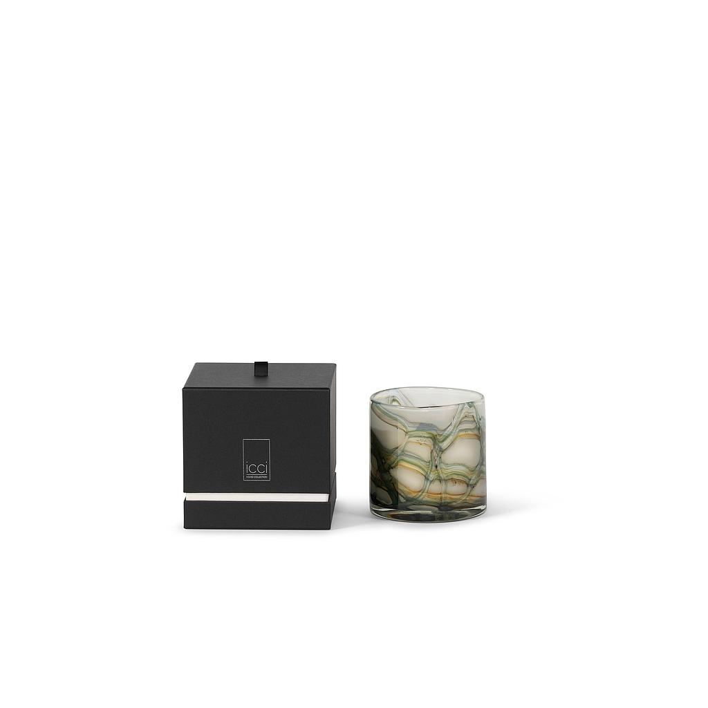 Scented candle thick votive cylinder with brownish green wave design - Ø14 x 14cm - 3 - int. cot. - p/2