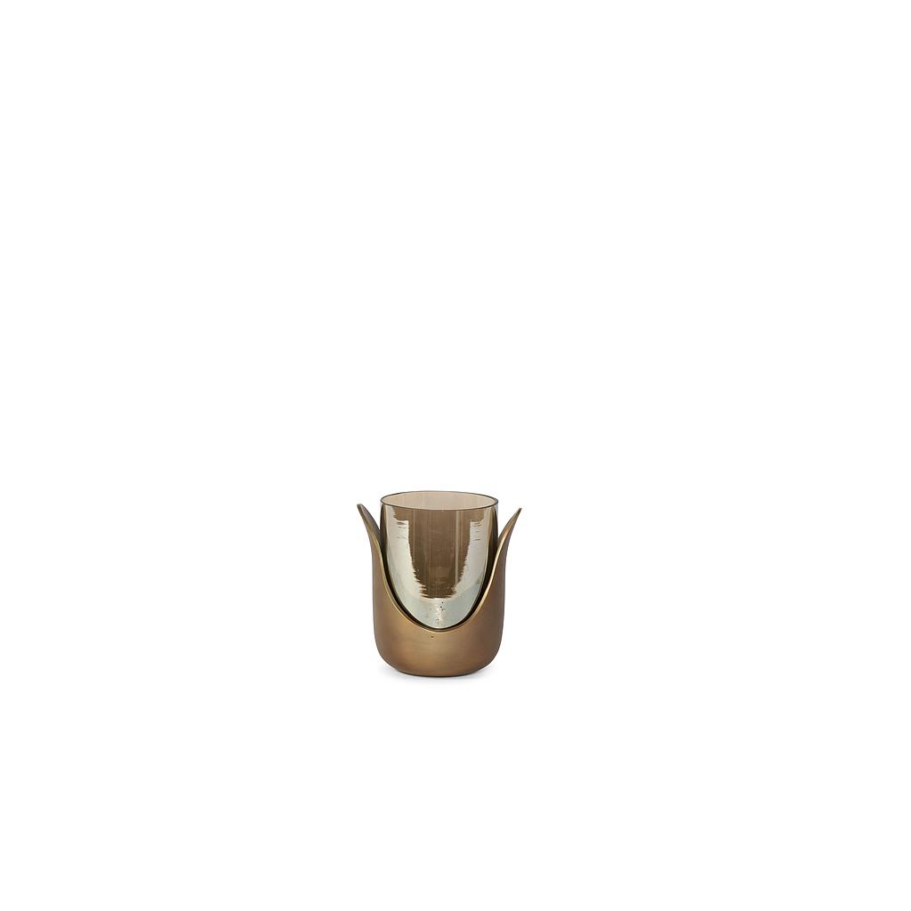 Small tulipvase - metal + glass - brass antique + smoke luster - 19x17x19.5 cm - p/1/4