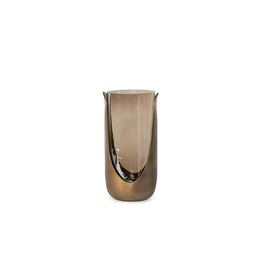 Extra large tulipvase - metal + glass - brass antique + smoke luster - 27x22x45 cm - p/1/1
