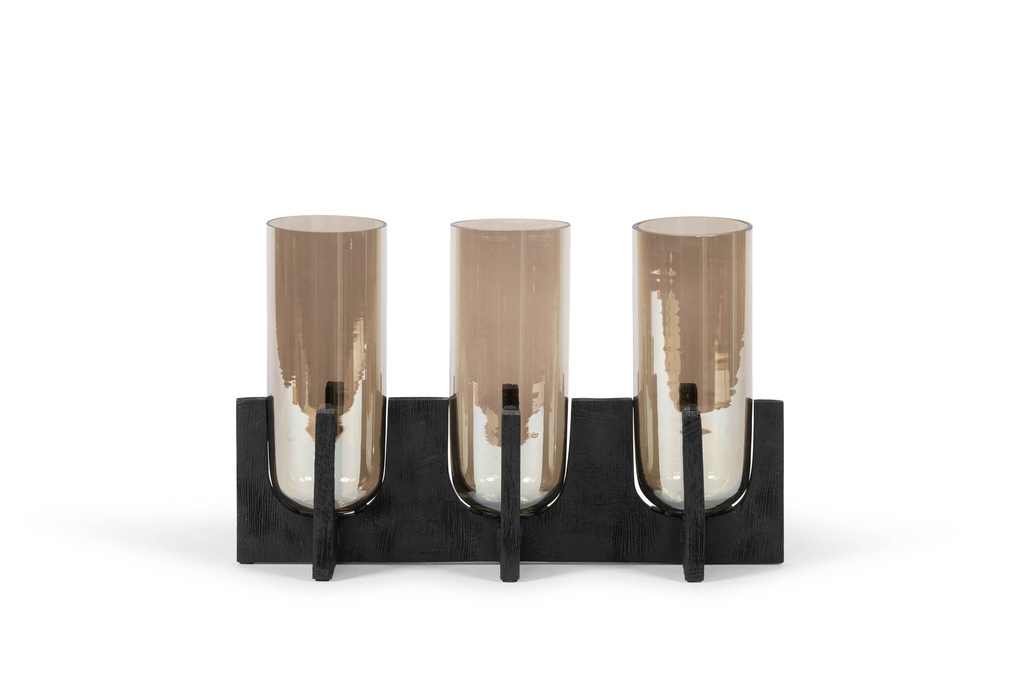 Hurricane tripple on wooden base - glass + wood - luster + black - 45 x 15 x 28cm - p 1/1