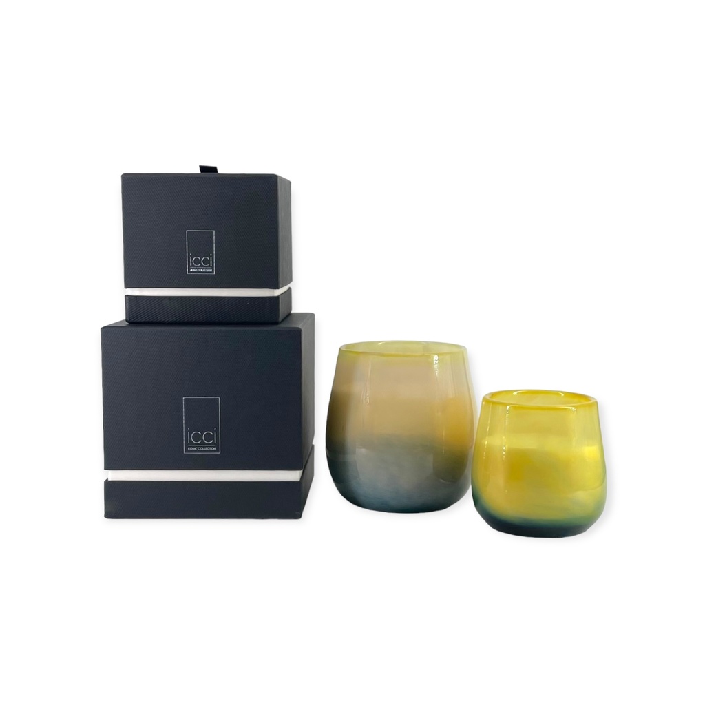 Scented candle bowl with green to ochre design - Ø15x14cm - 3 - int. cot. - p/2