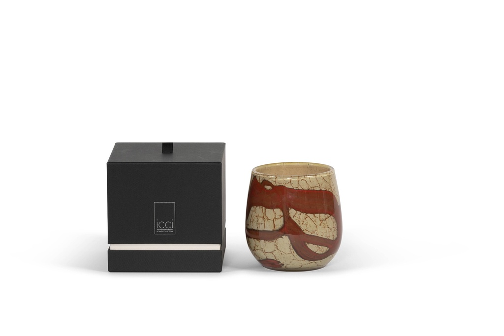 Scented candle thick votive bowl with honey red wave design - Ø15 x 14cm - 3 - int.cot. - p/2
