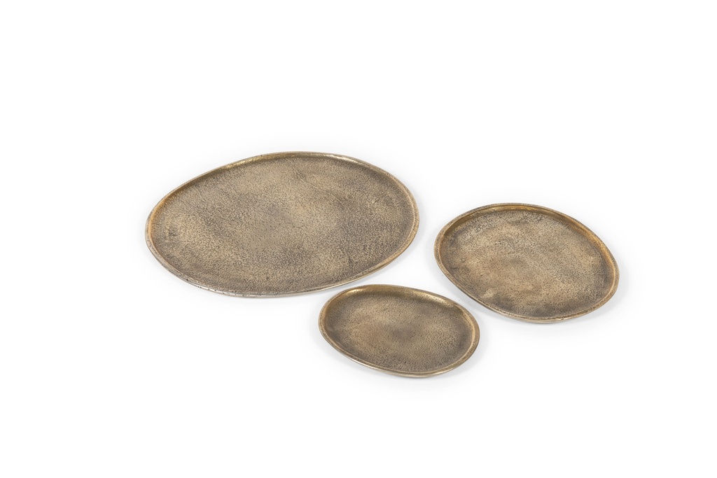 Plate, Set of 3, organic raw textured - metal - antique gold - Ø30x26,5x1cm / Ø16x2cm / Ø16x13x1cm - p/1/4