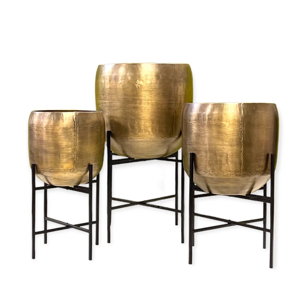 Planter with stand, set of 3 - metal - brass antique - Ø50x86cm / Ø41x66cm / Ø33x62,5cm- p/1set