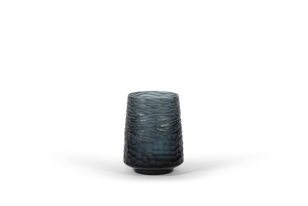 Mouthblown conical cutted vase - glass - smoke/blue - Ø17 x 23cm - p 1/2