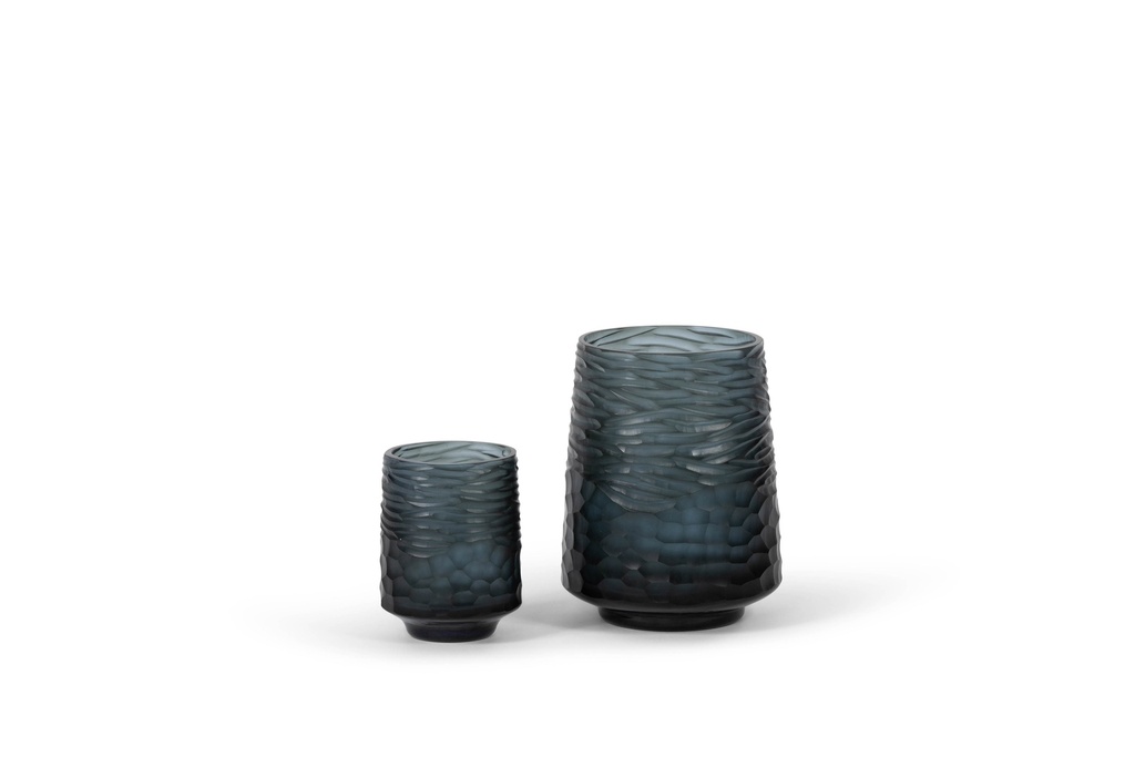 Mouthblown conical cutted vase - glass - smoke/blue - Ø12 x 15cm - p 1/12