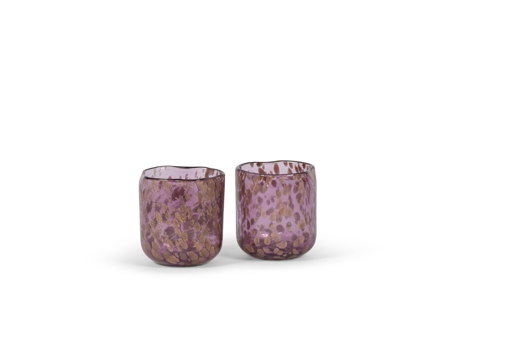 Tlight holder - glass - purple with copper glitter spots - Ø 9x10cm - p 4/24