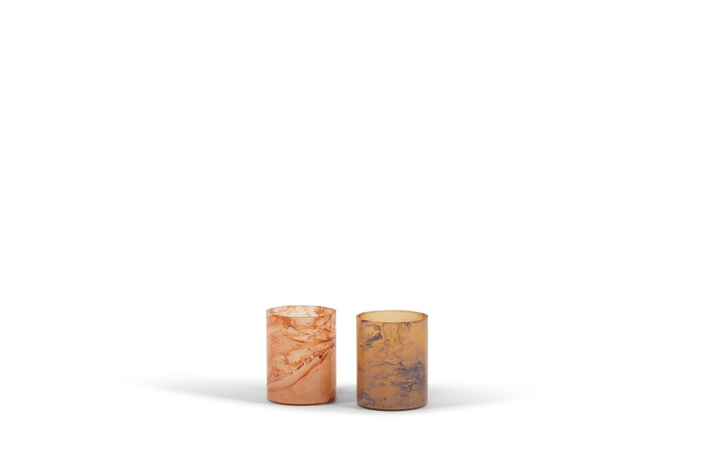 T-Lightholder in pink orange marble  - glass - Ø 10x13cm - p/1/12