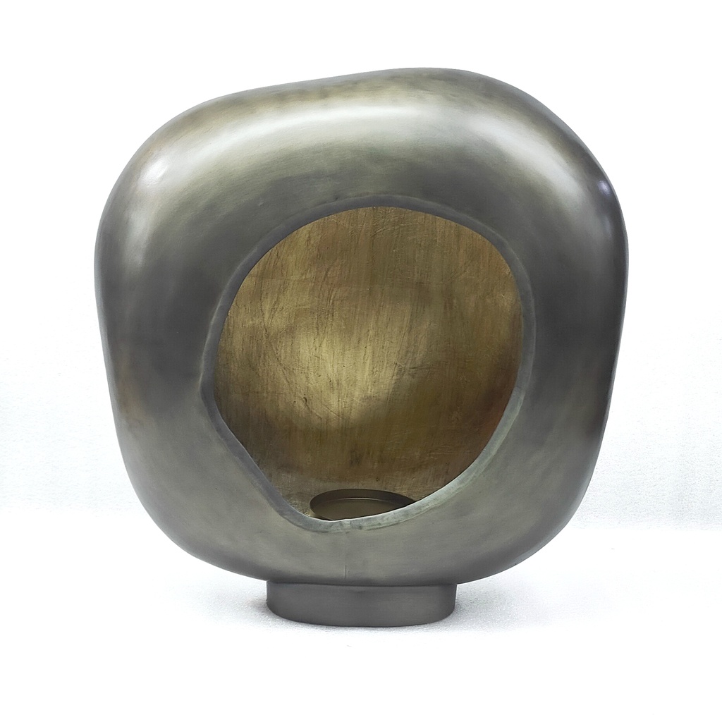 Standing organic egg Candleholder - metal - nickel antique outside, antique gold leafing - 47x17x47cm - p/1/3