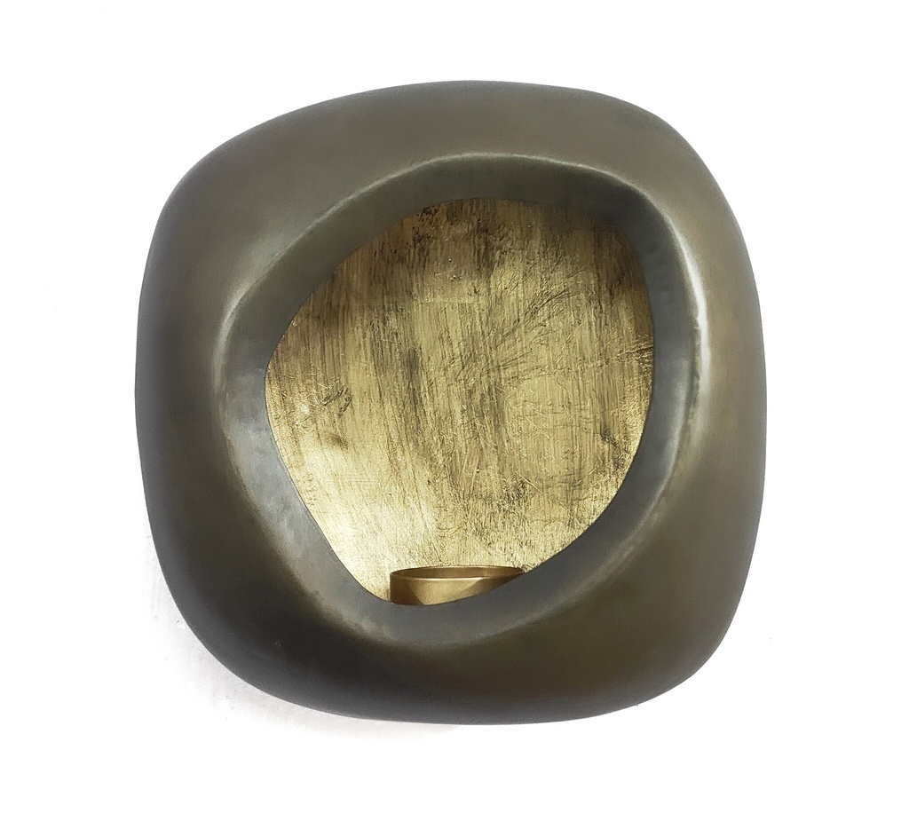 Hanging organic egg Tlight holder - metal - nickel antique outside, antique gold leafing - 22x8,5x22cm - p/1/8